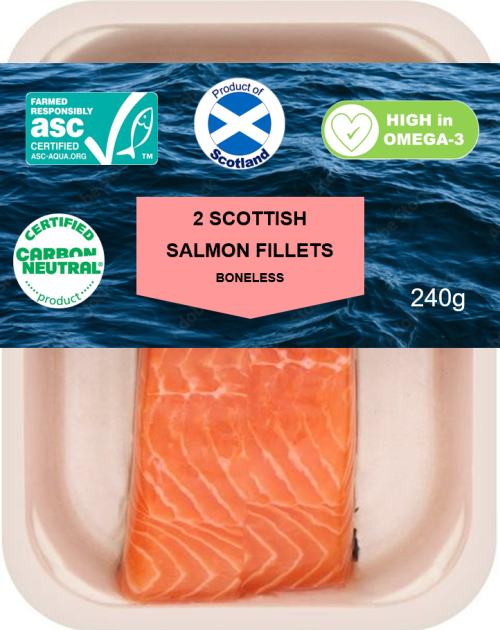 Photo credit: Faical Akaichi. Image of a Scottish salmon fillet with eco-labels on the packaging.