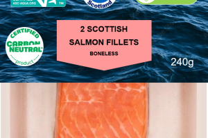 A salmon fillet in packaging with eco-labels.