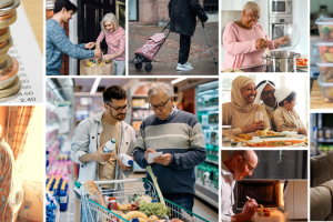 Collage of people cooking and shopping